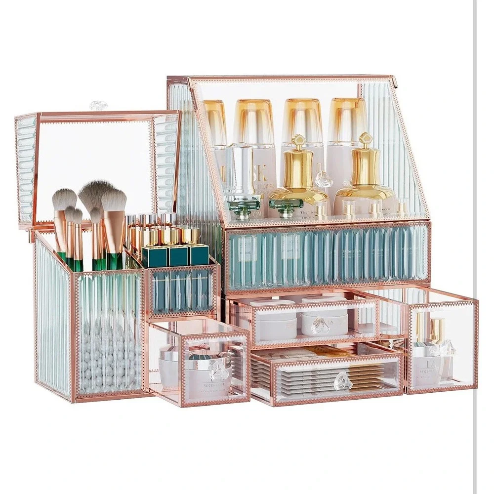 Elegant Glass Cosmetic Organizer with Laced Edge 3 Piece Set, Antique-Gold